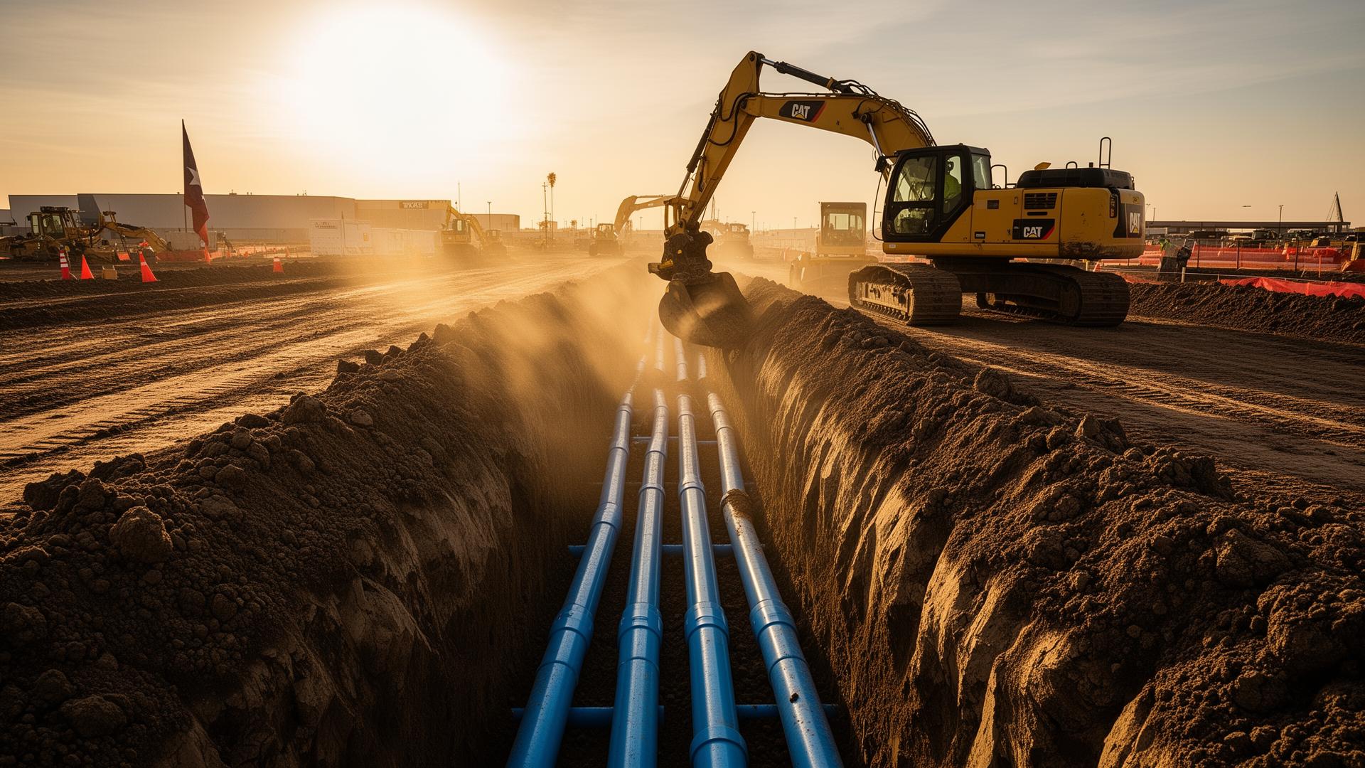 Excavator digging utility trench with PVC water lines on a North Texas commercial construction site
